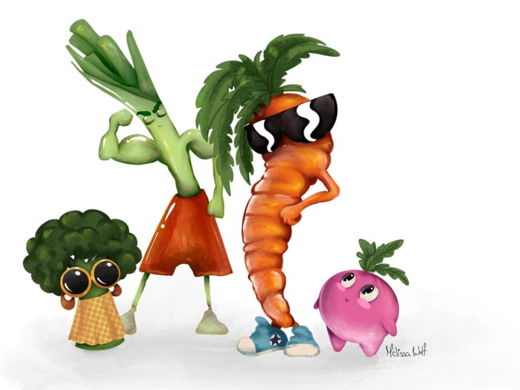 Illustration von vier fröhlichen Gemüse-Figuren mit Gesichtern.