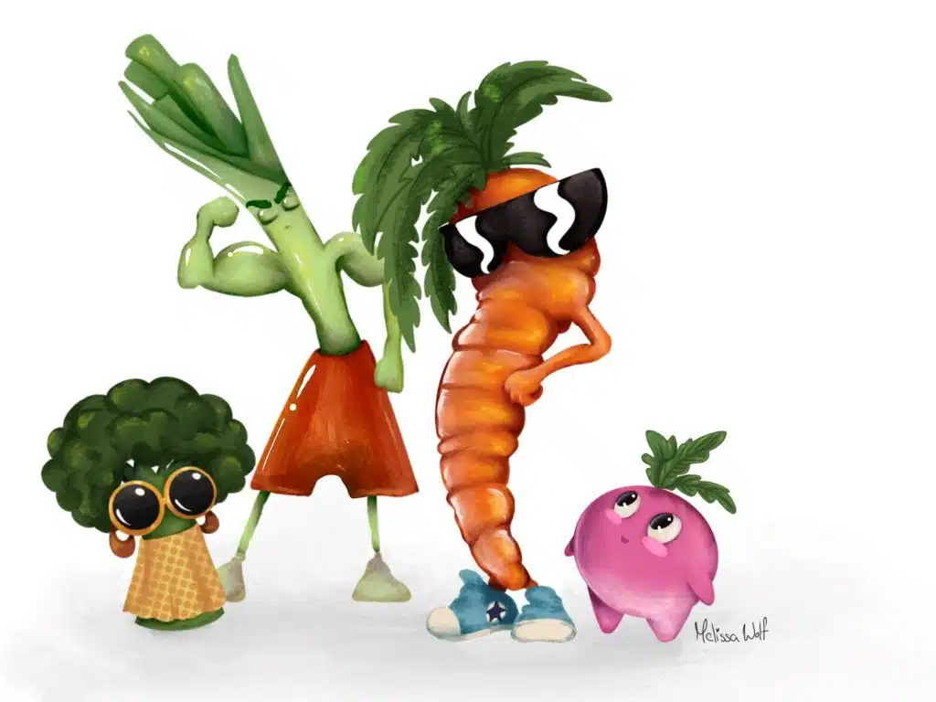 Illustration von vier fröhlichen Gemüse-Figuren mit Gesichtern.