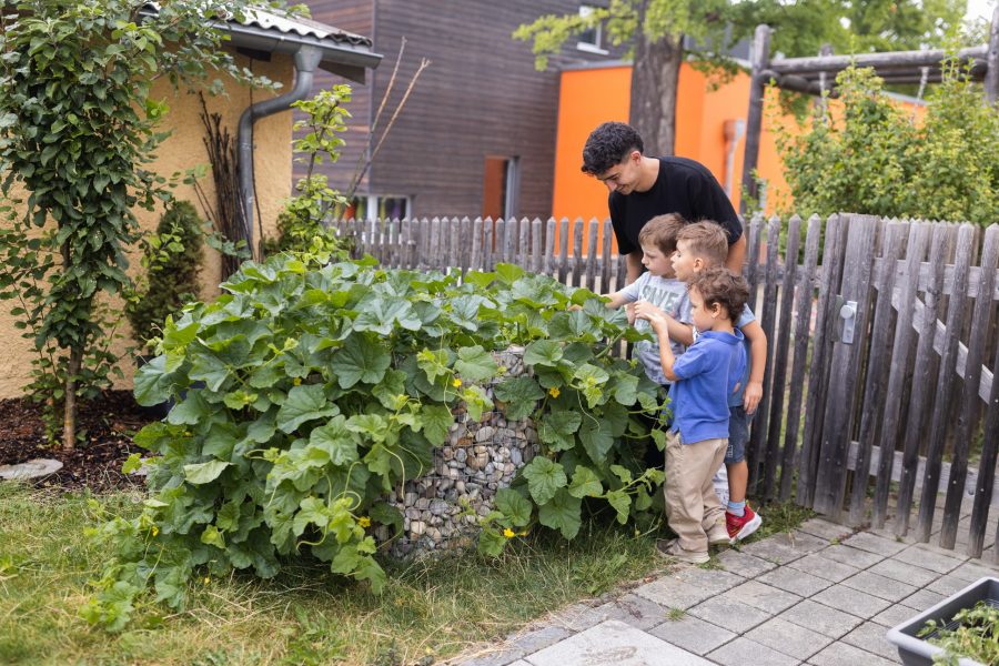 Kinder erkunden gemeinsam mit einer pädagogischen Fachkraft ein bepflanztes Hochbeet im Garten der bürgerhilfe ingolstadt KiTa GmbH