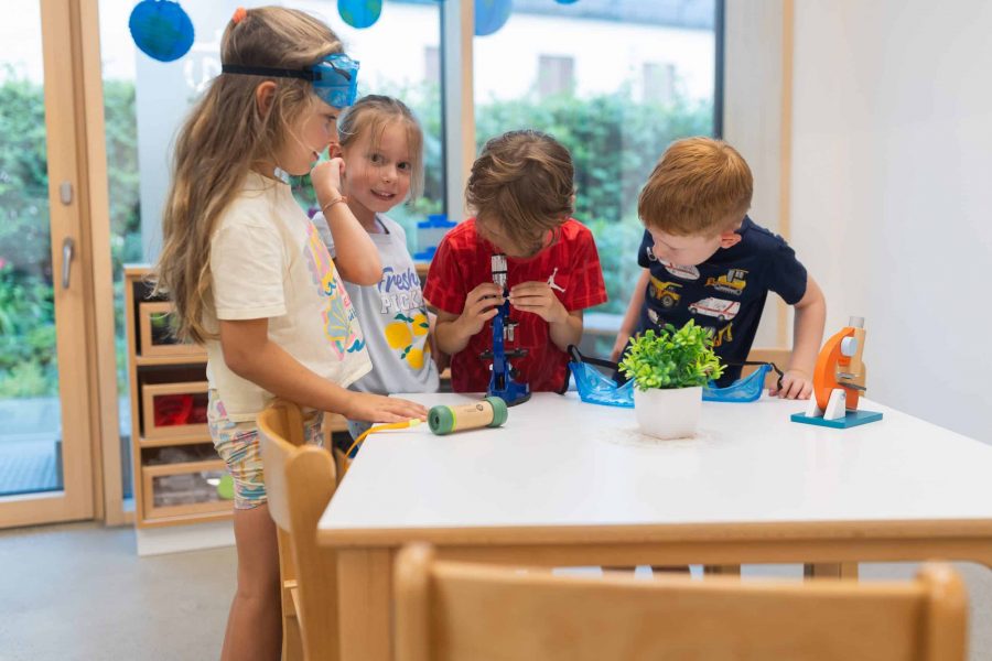 Kinder erforschen Pflanzen mit Lupen und Mikroskop in der Kita.